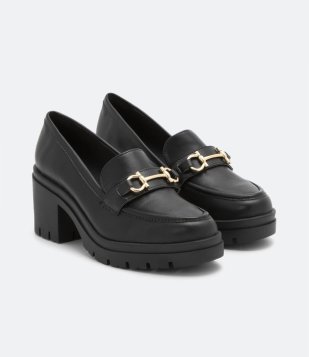 Sapato Loafer Com Salto Bloco Preto