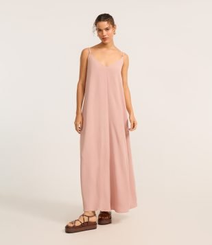 Vestido Long Midi em Crepe com Alcinhas Rosa