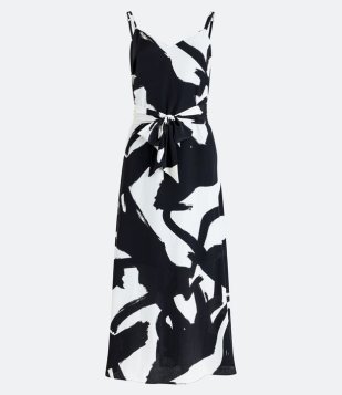 Vestido Longo Crepe De Alcinha E Estampa Abstrata Branco/Preto