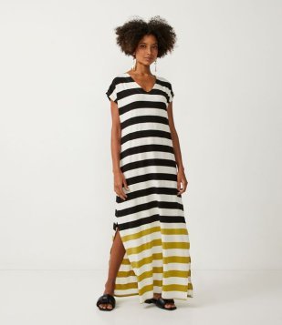 Vestido Longo Em Viscose Com Listras Preto