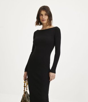 Vestido Midi Justo Em Tricô Com Gola Canoa Preto