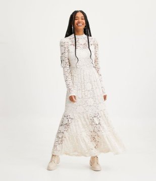 Vestido New Midi Em Renda Floral Com Golinha Alta Manga Bufante Off White