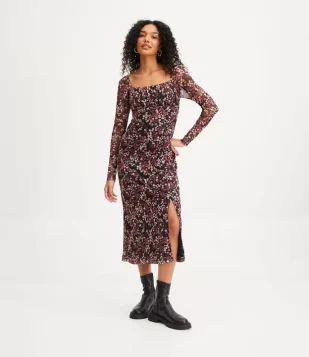 Vestido New Midi Em Tule Com Transparência Na Manga E Estampa Floral Multicores
