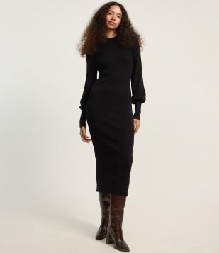 Vestido New Midi em Tricô com Manga Bufante Preto