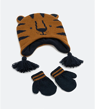 Kit Gorro E Luva Infantil Estampa Cara De Tigre Com Protetor De Orelhas