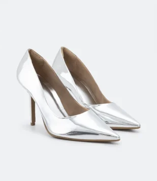 Sapato Scarpin Em Material Sintético Com Efeito Metalizado Prata