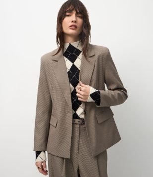 Blazer Ampulheta Alfaiatado com Padronagem Pied de Poule Bege