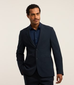 Blazer em Performance Easy Care com Textura e Gola com Lapela Azul Marinho
