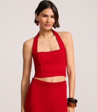 Blusa Frente Única Corsetada Texturizada Vermelho