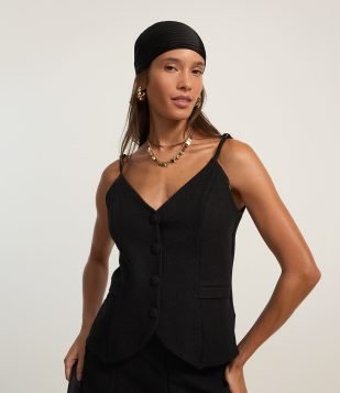 Blusa de Alça em Tweed com Botões e Alças Finas Preto