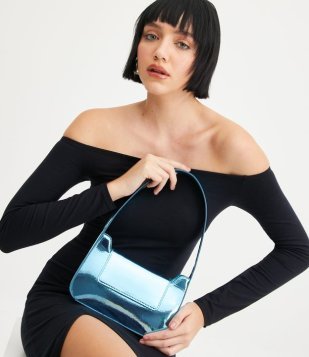 Bolsa Baguete Metalizada Com Tampa Azul