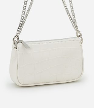 Bolsa Baguete Pequena em PU com Textura Croro com Alça Curta Off White