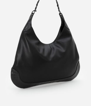 Bolsa Hobo com Detalhes em Textura Croco e Fivelas na Alça Preto