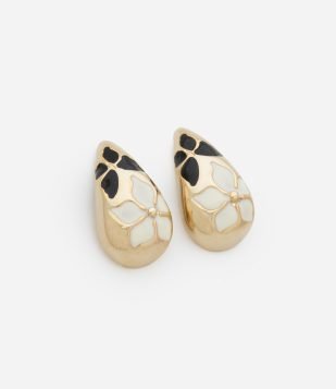 Brinco Botão Gota Esmaltado Flor Dourado