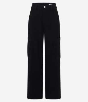 Calça Cargo Cintura Alta em Sarja com Bolso Lateral Preto