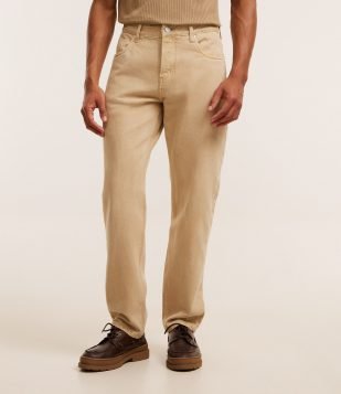 Calça Jeans Slim com Lavagem Estonada Bege