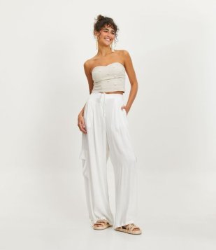 Calça Parachute Em Viscose Com Bolsos Cargo E Amarração Branco