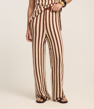 Calça Reta Cintura Alta em Tricô com Listras Bicolor