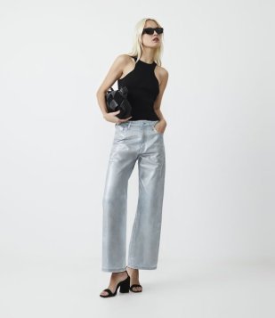 Calça Reta Jeans Com Efeito Metalizado Azul