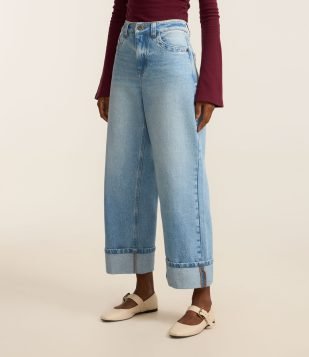 Calça Slouchy em Jeans com Cintura Alta e Barra Dobrada Azul
