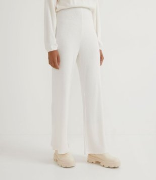 Calça Wide Leg Em Viscose Canelada Sem Estampa Branco