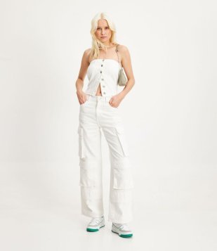 Calça Wide Leg Jeans Com Bolso Cargo Diferenciado Branco Neve