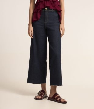 Calça Wide Leg em Jeans com Elastano Azul Escuro