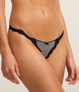 Calcinha String Fio Dental com Renda e Estampa Xadrez Vichy Preto-Branco