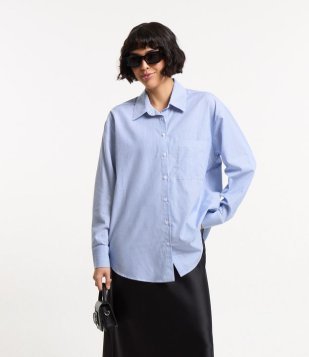 Camisa Alongada Em Tricoline Listrado Com Manga Longa Azul