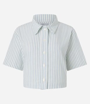 Camisa Cropped Listrada em Sarja Azul