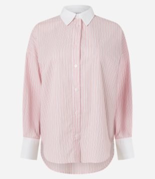 Camisa Oversized em Tricoline com Listras de Fio Tinto Rosa
