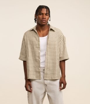 Camisa Oversized em Tweed com Estampa Xadrez Bege