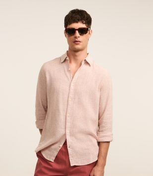 Camisa com Linho Gola Colarinho e Abotoamento Bege