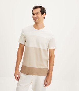 Camiseta Regular Em Algodão Texturizado Com Listras Bege
