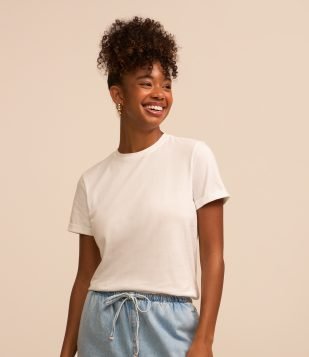Camiseta Regular em Algodão com Manga Dobrada Branco