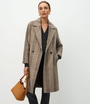 Casaco Trench Coat em Polivelour Xadrez Marrom