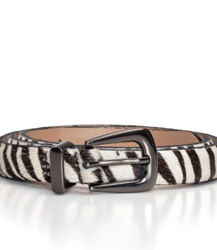 Cinto Couro Pelo Animal Print com Fivela em Metal Ranch Ônix Zebra Zebra
