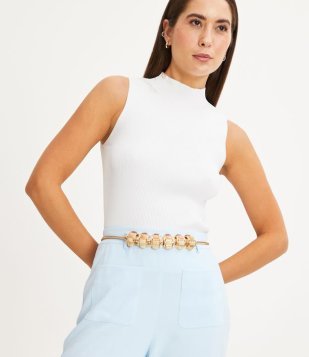 Cinto Estreito Em Metal Com Pedraria Dourado