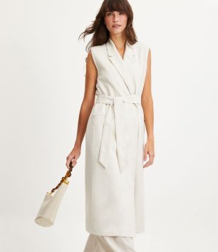 Colete Alongado Em Viscolinho Com Ombreiras E Amarração Bege