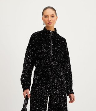 Jaqueta Bomber Em Paetê Metalizado Preto