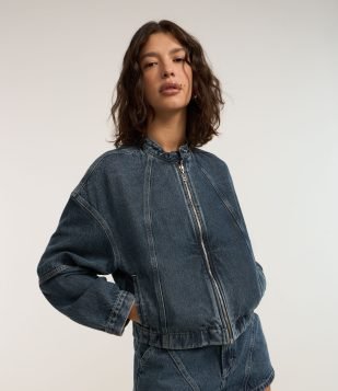 Jaqueta Jeans com Zíper e Recortes Azul