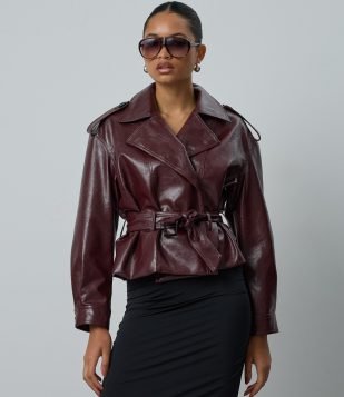 Jaqueta Trench Coat em PU com Cinto Vinho