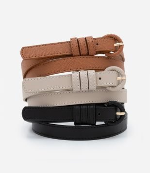 Kit 3 Cintos Finos Texturizados com Fivela Forrada Marrom, Bege e Preto