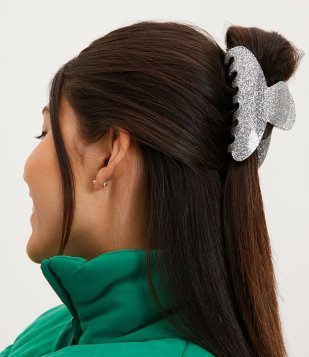 Piranha De Cabelo Grande Em Plástico Com Glitter Prata