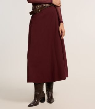 Saia Evasê Long Midi em Tricoline com Pregas Bordô