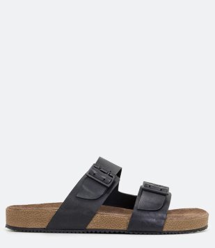 Sandália Slide Em Couro Com Tiras E Fivela Preto