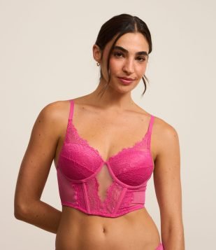 Sutiã Alongado Corsetado em Renda Floral com Bojo Oco Rosa