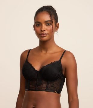 Sutiã Alongado com Bojo em Renda Bordada Preto