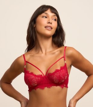 Sutiã Meia Taça Sem Bojo e Aro com Renda Floral Vermelho