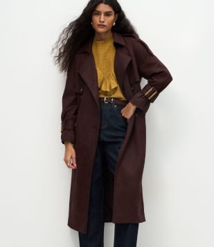 Trench Coat Alongado em Suede com Cinto Marrom Escuro